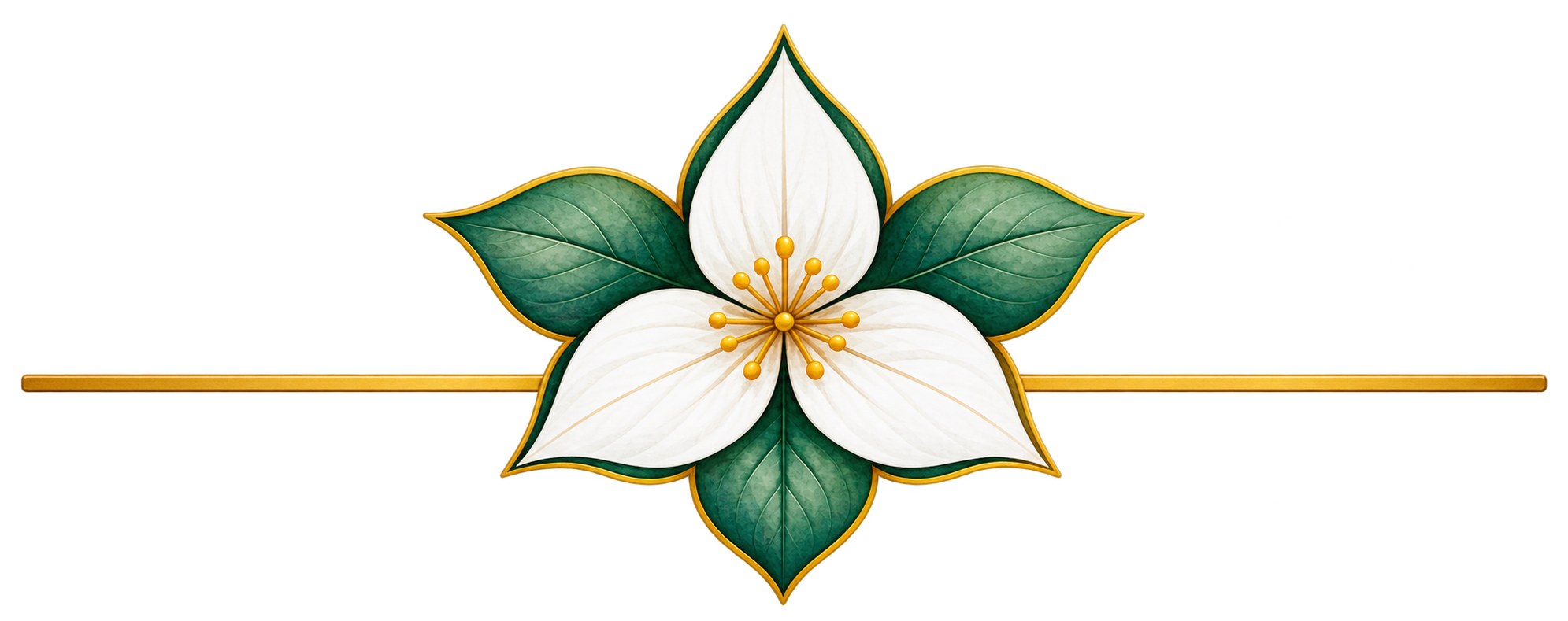 White trillium with green leaves and a fine gold line